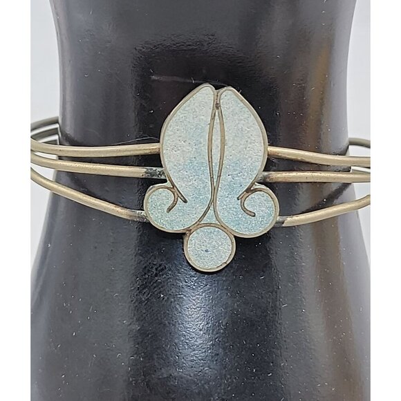 Fleur-de-lis Open Bangle Bracelet Hencho Mexico Inlaid Turquoise VTG SilverTone - Picture 2 of 10